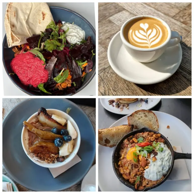 A collage image of beetroot hummus, Lebanese beans and coffee of Tang Café in Dublin.
