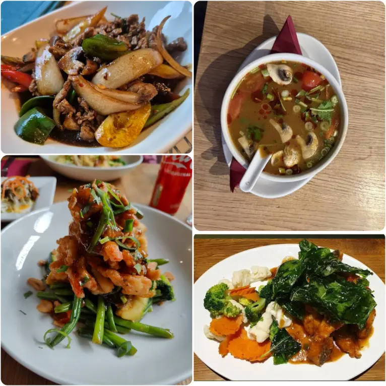 A collage image of tom yam soup, red Thai curry and salads of Thai Spice in Dublin.