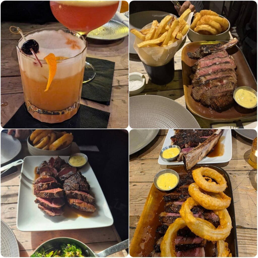 A collage image of steaks and drinks of The Butcher grill in Dublin.