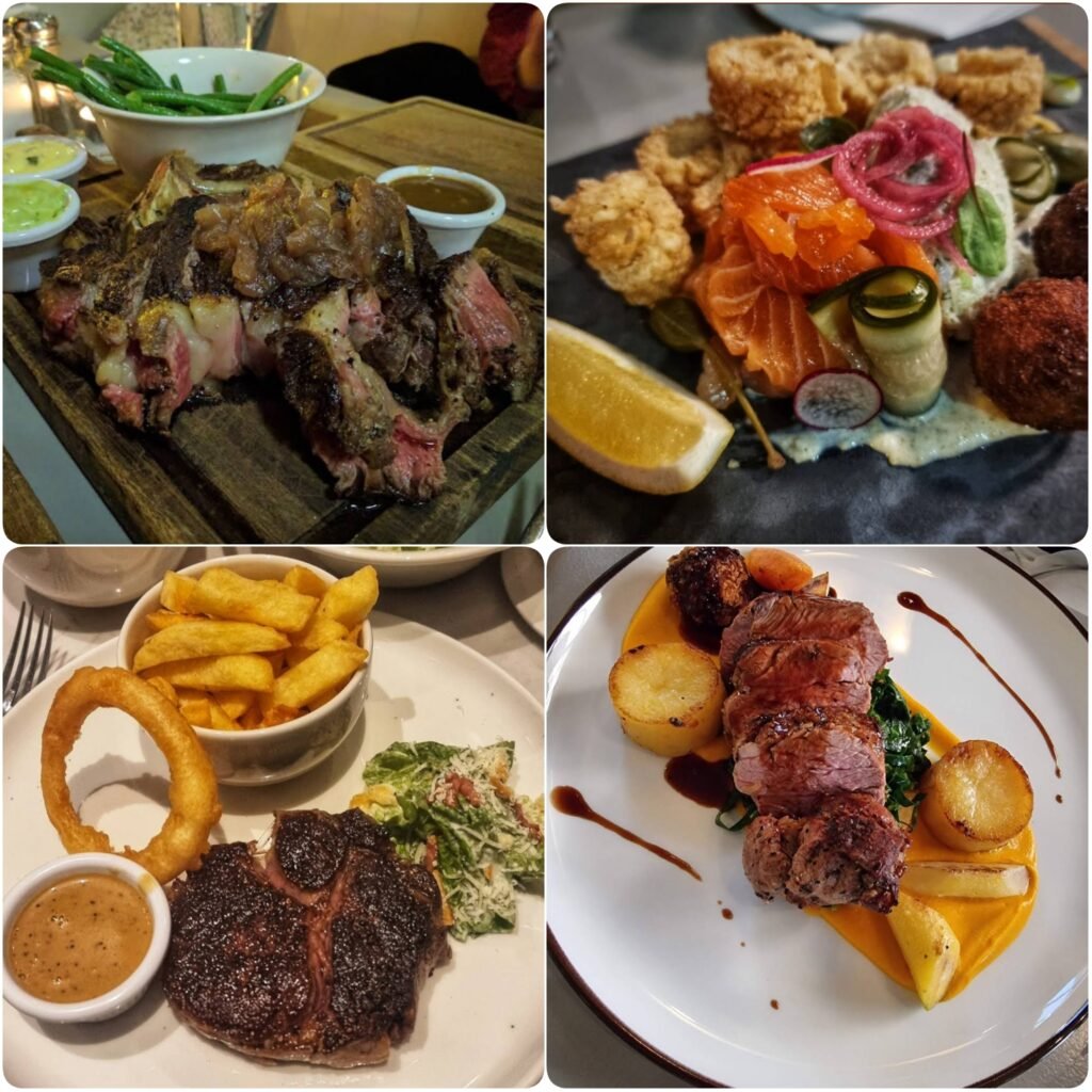 a collage image of steak and fish and chips of The Cow Pub & Kitchen in Dublin.