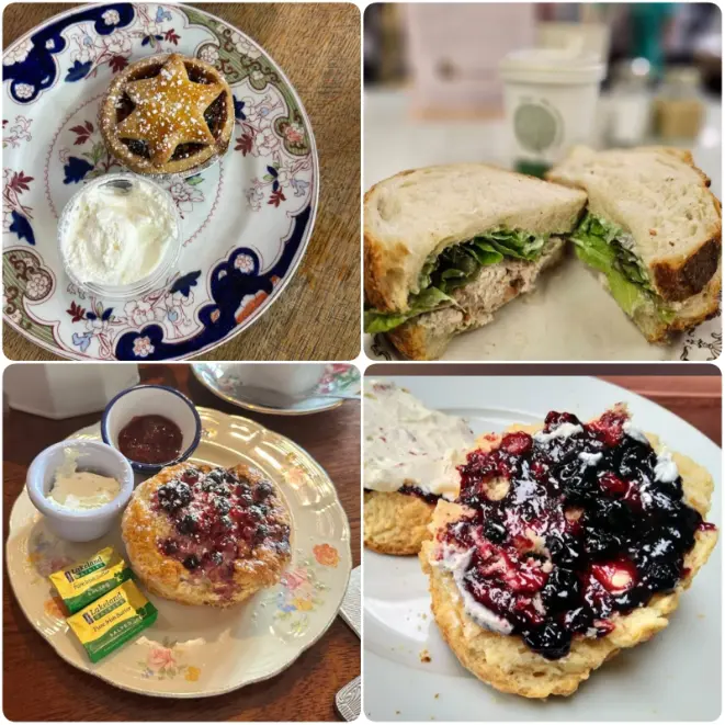A collage image of buttermilk scone and blackcurrant jam of The Farmhouse café in Dublin.