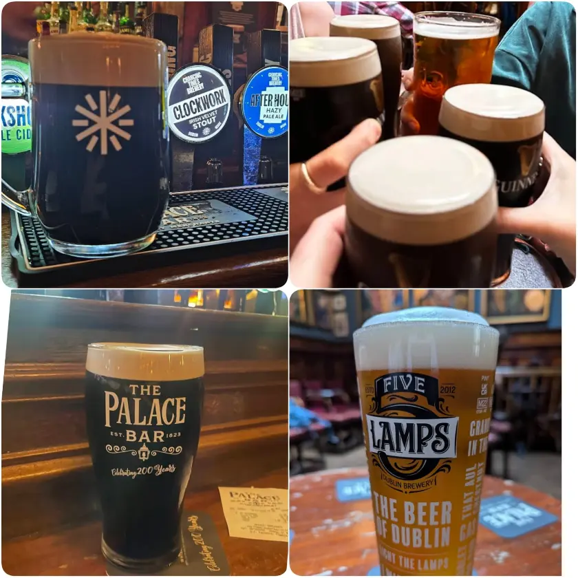 A collage image of Creamy headed Guinness and other cocktails of The Palace Bar in Dublin.