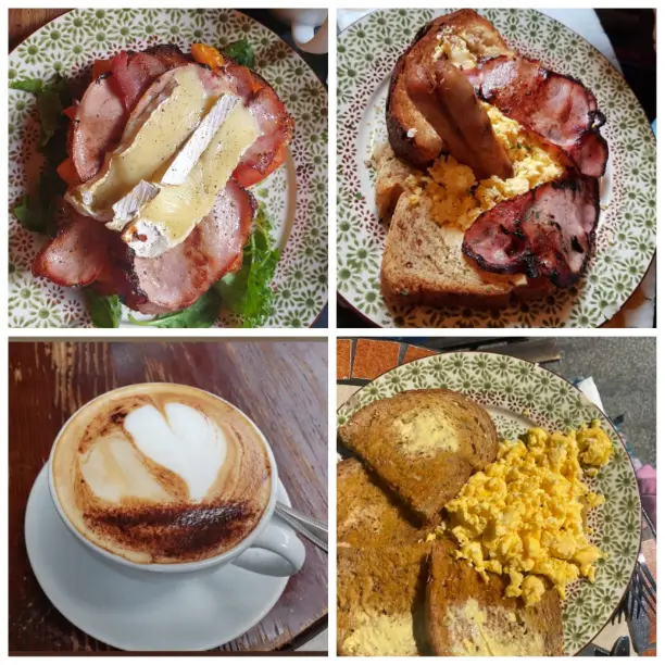 A collage image of bacon, toast and coffee of The Stage Door Café in Dublin.