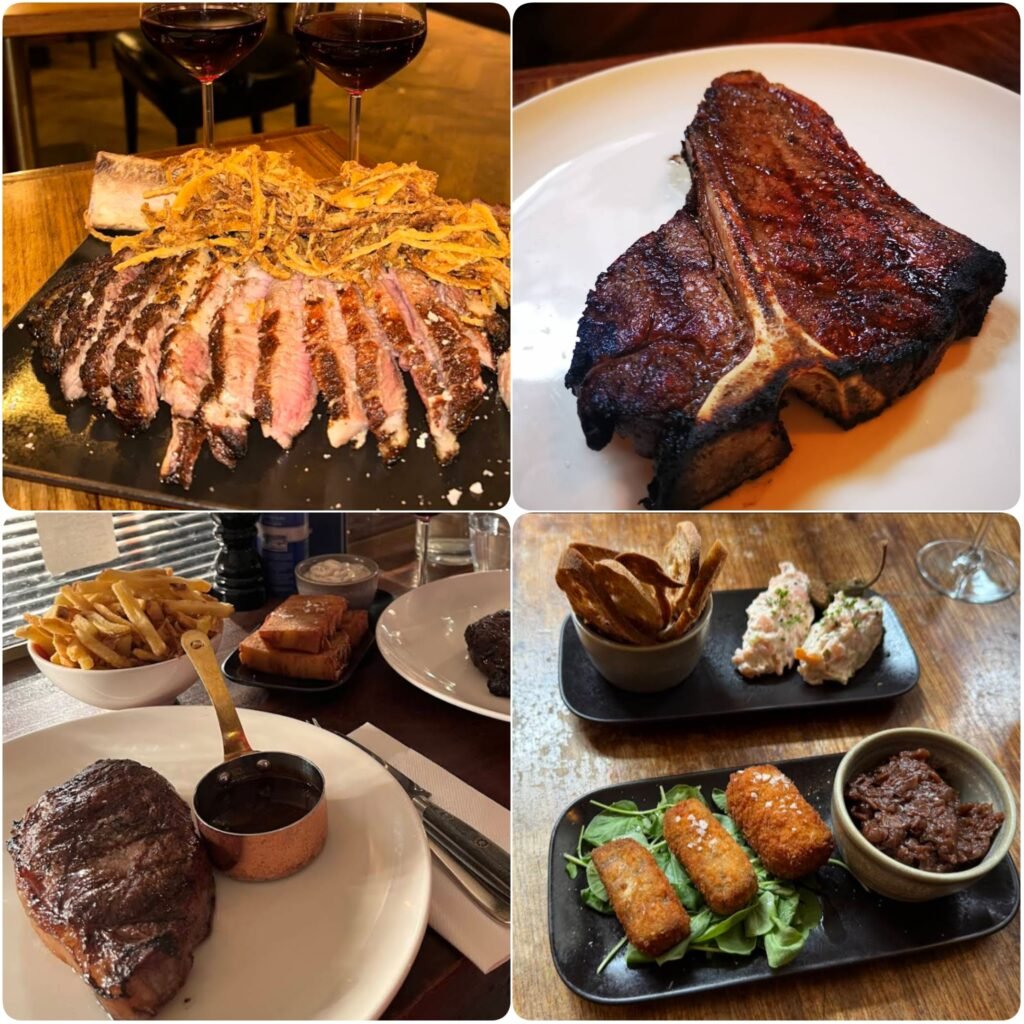 A collage image of rib-eye steak and fries of Tomahawk in Dublin.