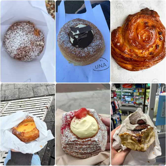 A collage image of cinnamon buns, black forest Danish, tarts and pastries of Una Bakery, Ranelagh in Dublin.