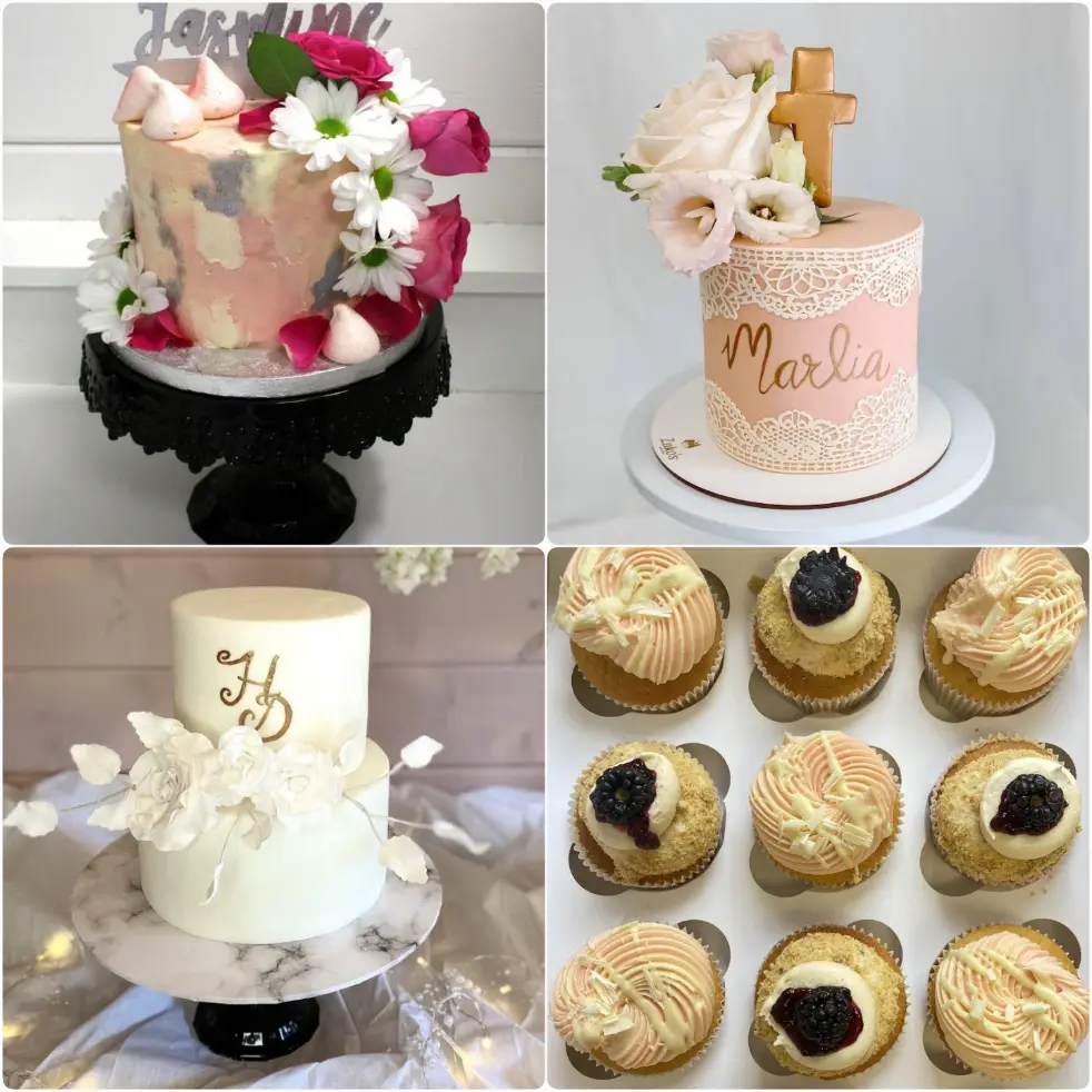 Assorted creative birthday cakes and cupcakes from Zuko's Bakery, including a floral two-tier cake, chocolate berry cake, and a cupcake tower.