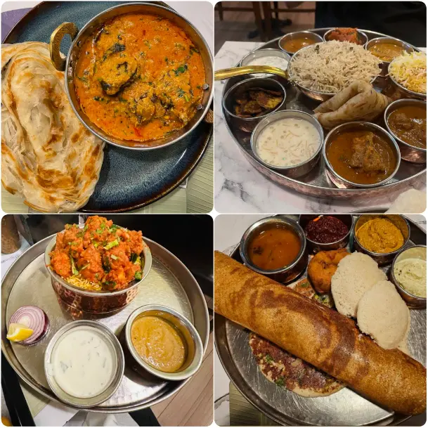 A patchwork of photos of buffet style south Indian Thalis including Meat, rice, beans, nun and vegetables of Andhra Bhavan – Bold Indian Buffet Flavors in Dublin. 