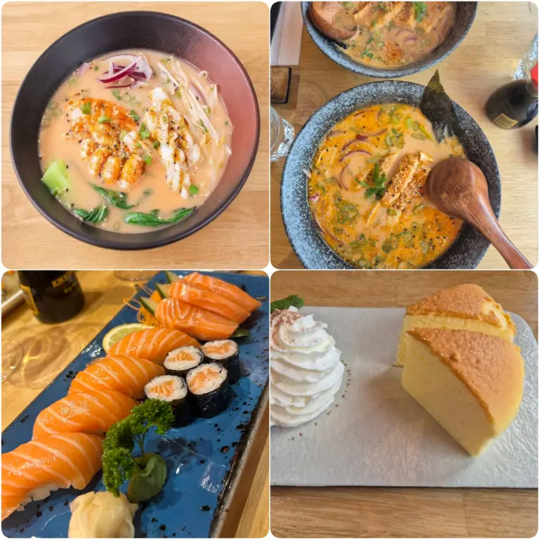 A visual representation of seafood Ramen, Salmon sushi and Japanese Cheesecake of Aoki Sushi Noodle Bar.