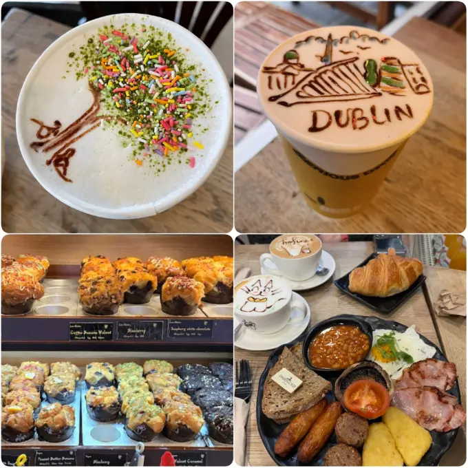 An assorted image depicting artistic latte, scones and croissants of Beanhive Coffee.