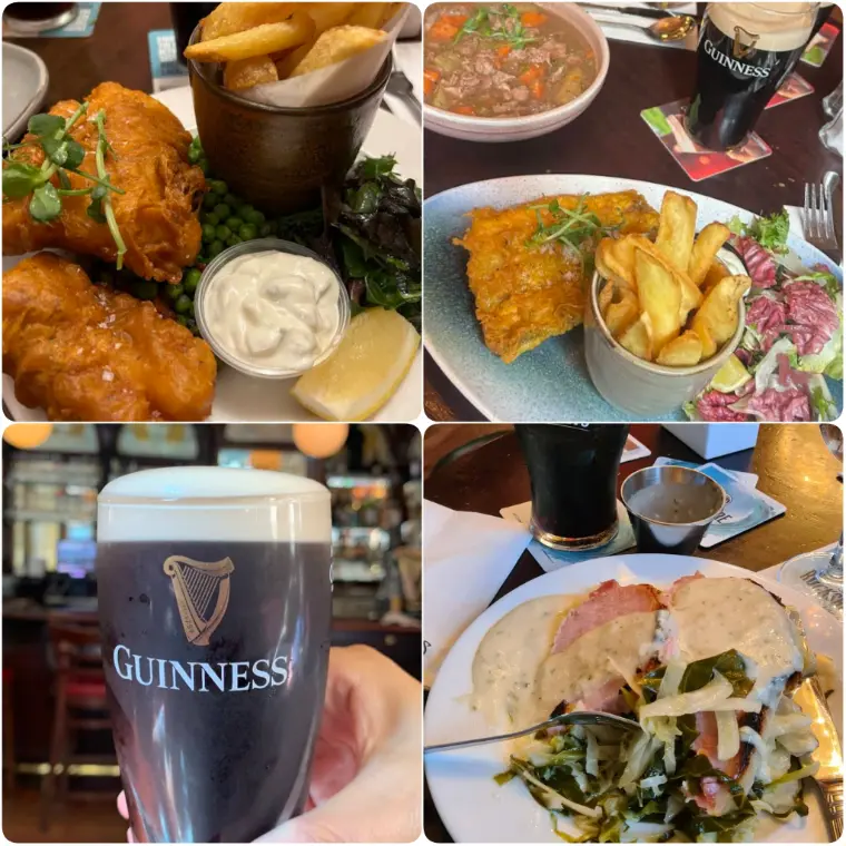 A series of images showing pie and fries paired with Guinness of Bruxelles.