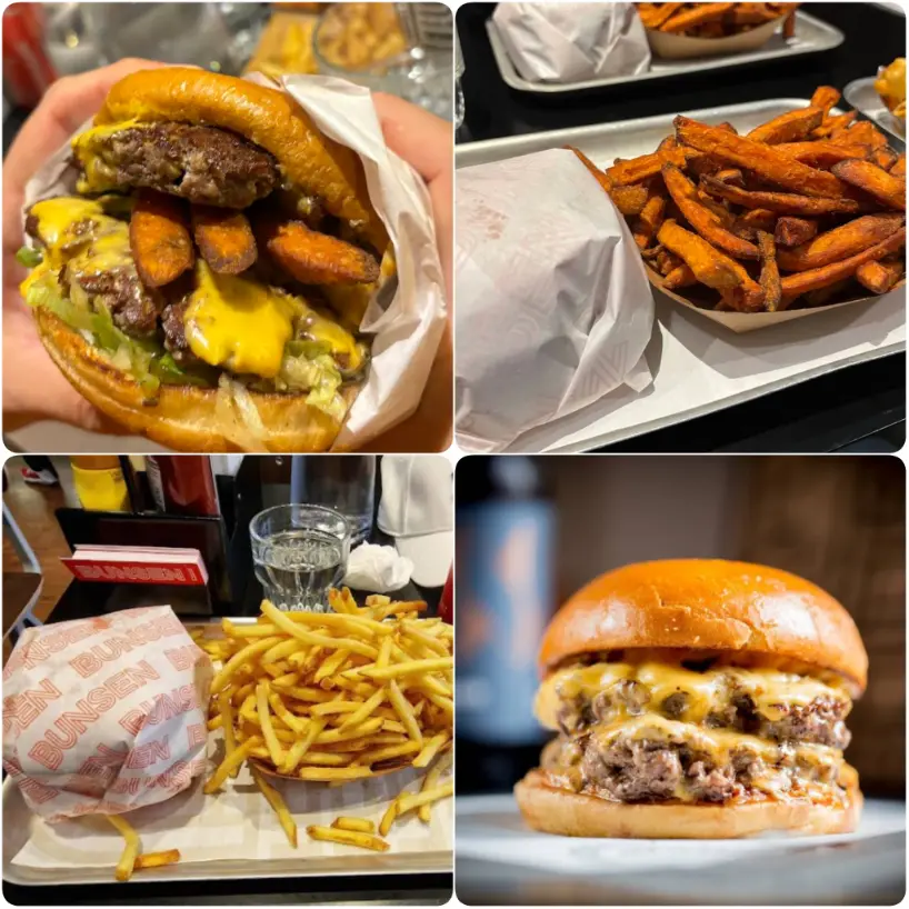 a series of images featuring cheeseburger and fries of Bunsen, Temple Bar in Dublin. 
