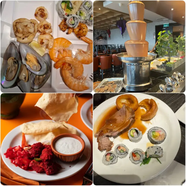 A collage image of sushi, seafood, chocolate fountain of COSMO – All You Can Eat World Buffet.