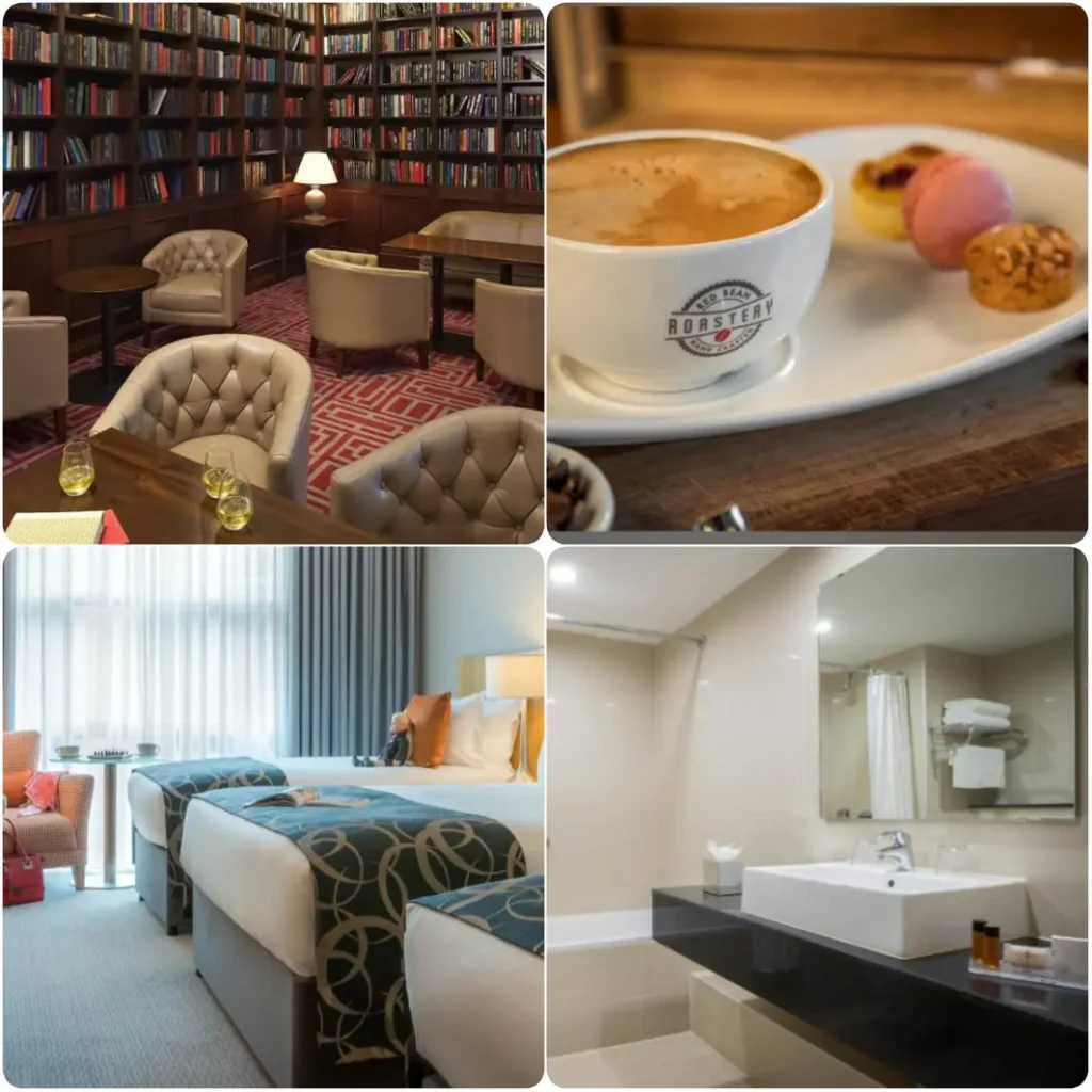 A collage image of good coffee, cosy bedroom and clean washroom of Clayton Hotel Dublin Airport.