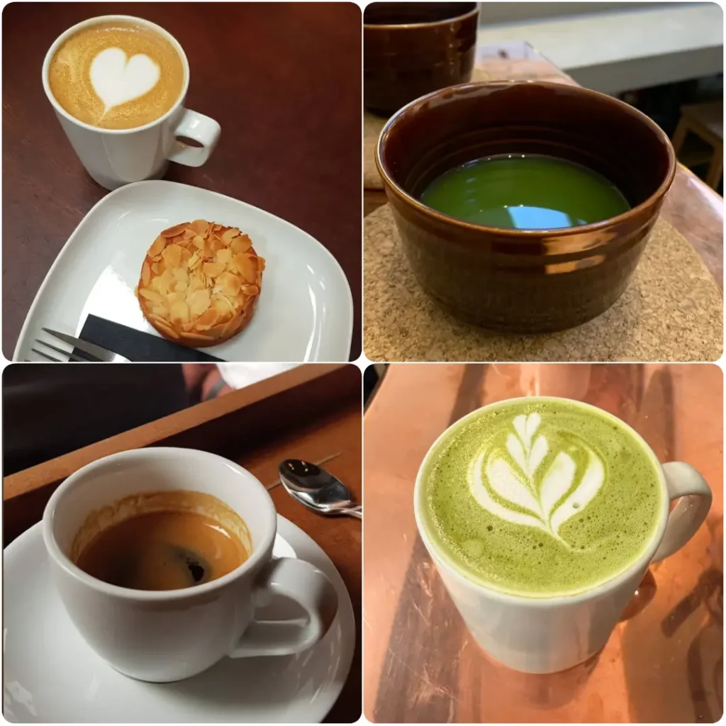 A collage photo of matcha latte, chai, almond latte with cookies of Clement & Pekoe in Dublin.