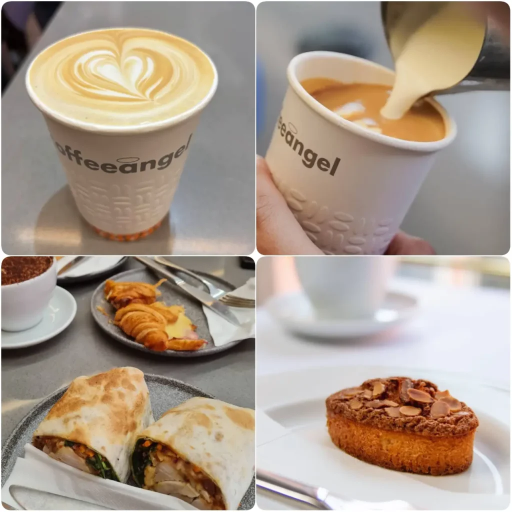 A series of image showing Americano coffee, sandwiches and scone of Coffeeangel in Dublin.