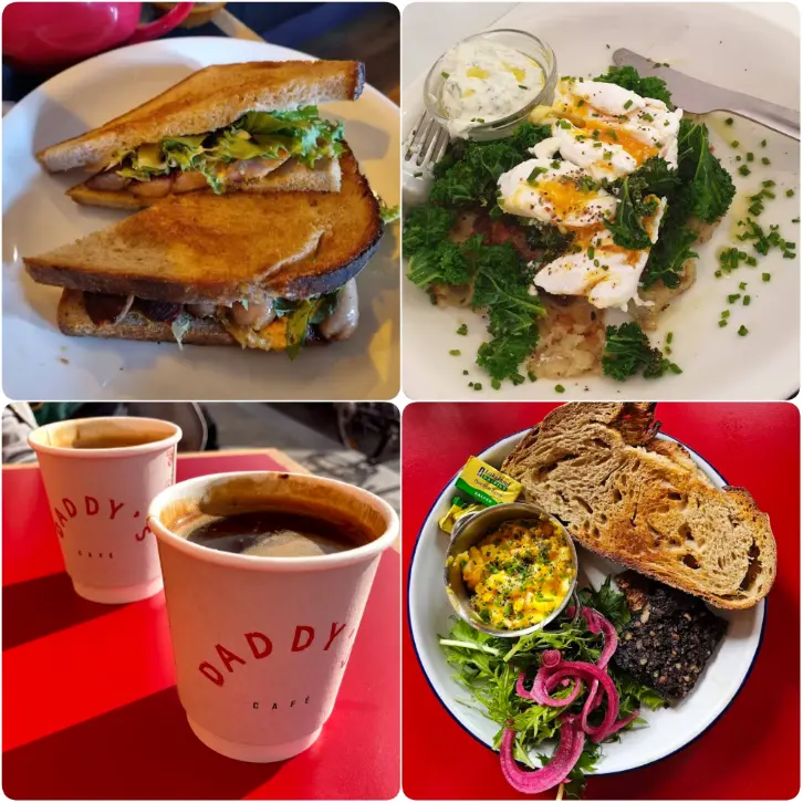 A series of photos showing toast and other best brunch items of Daddy’s Café in Dublin.