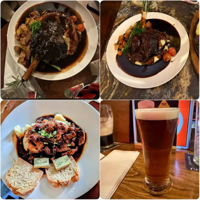 A mosaic image of lamb stew, pie and drinks from Darkey Kelly’s.