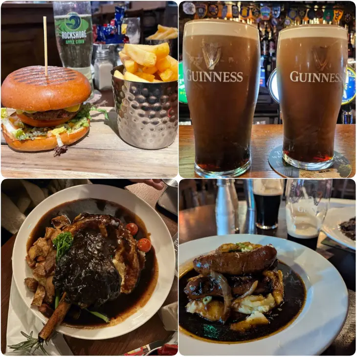 A collage image of tender and juicy prime rib, Burger and chips and Guinness of Darkey Kelly’s in Dublin. 