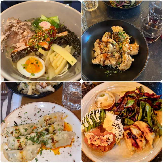 A compilation of images of Kimchi Braised Beef Short Rib Ramen, Crispy Salmon Rolls and other ramen of Day n Night.