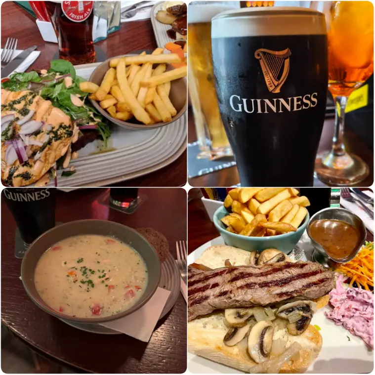 A mosaic image showing Seafood chowder, fish and chips, sandwiches and smooth headed Guinness of Doheny & Nesbitt in Dublin. 