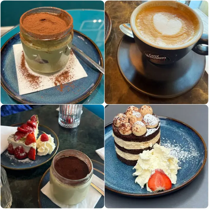 A series of snap showing cappuccino with pistachio and chocolate mousse and pastries of Dolce Sicily in Dublin.