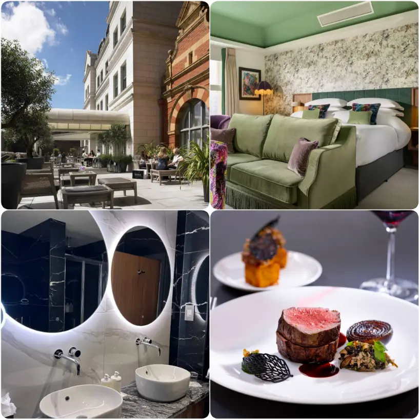 A collage image of cosy bed, elegant bathroom and scenic view of Dylan Hotel.