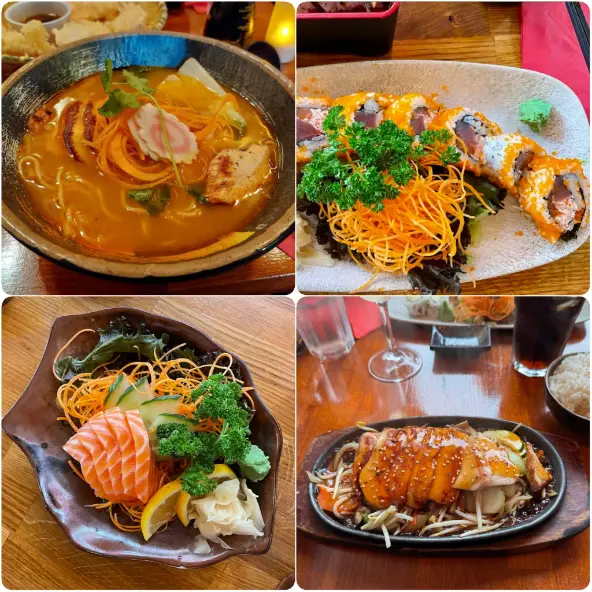 A mixed image layout of Chicken Ramen, Salmon sushi of Eatokyo Noodles and Sushi Bar in Dublin.