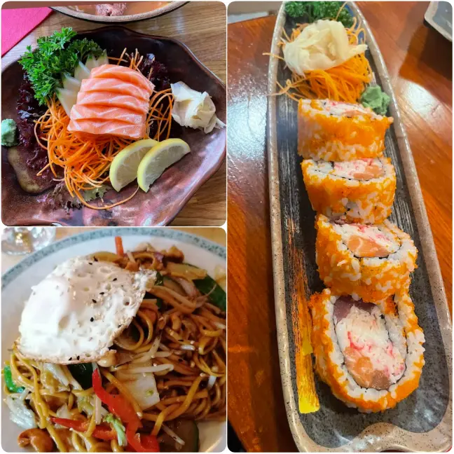 A collage image of pocket-friendly salmon sushi and Yasai yakisoba of Eatokyo Noodles and Sushi Bar in Dublin. 
