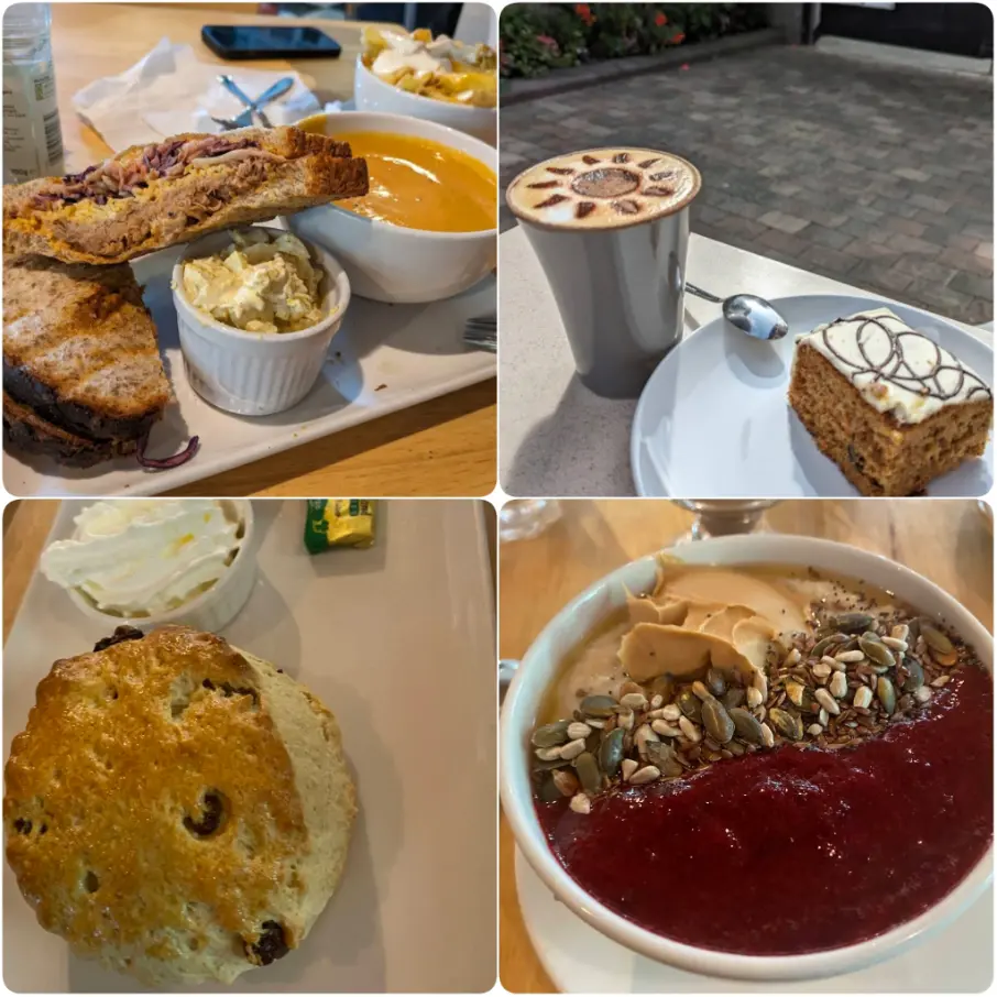 A photo collage of sandwich, cappuccino, scone and porridge of Fair Play Café in Dublin. 