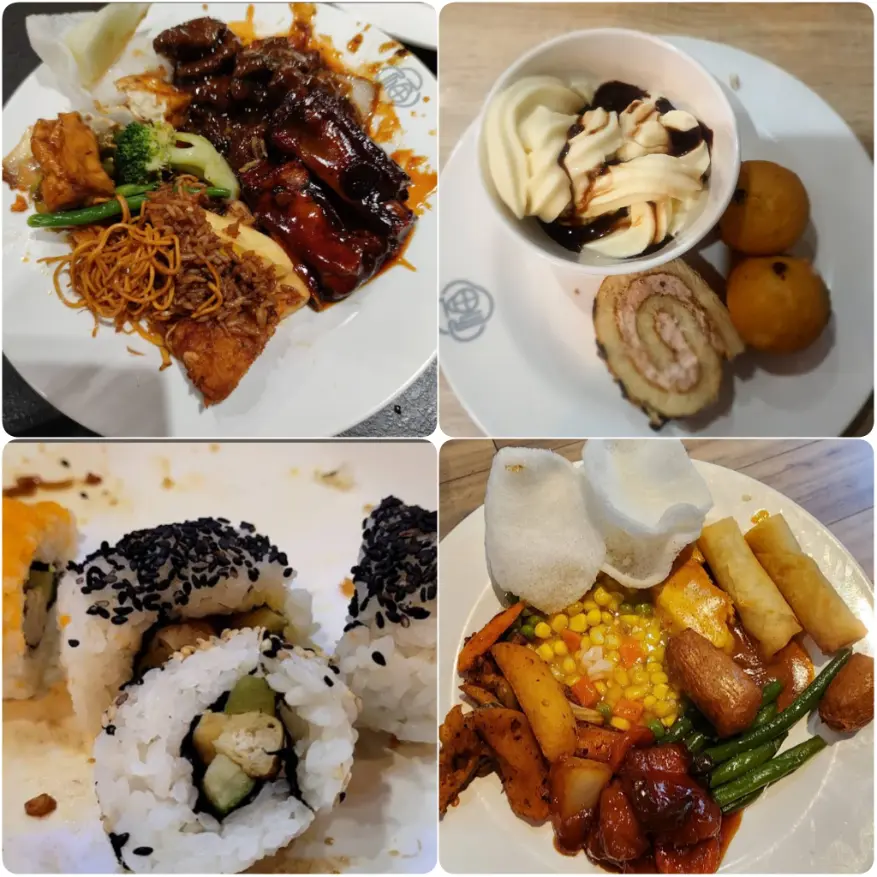A photo collage of rib steak, chicken, sushi and desserts of Fortune Terrace Buffet in Dublin. 