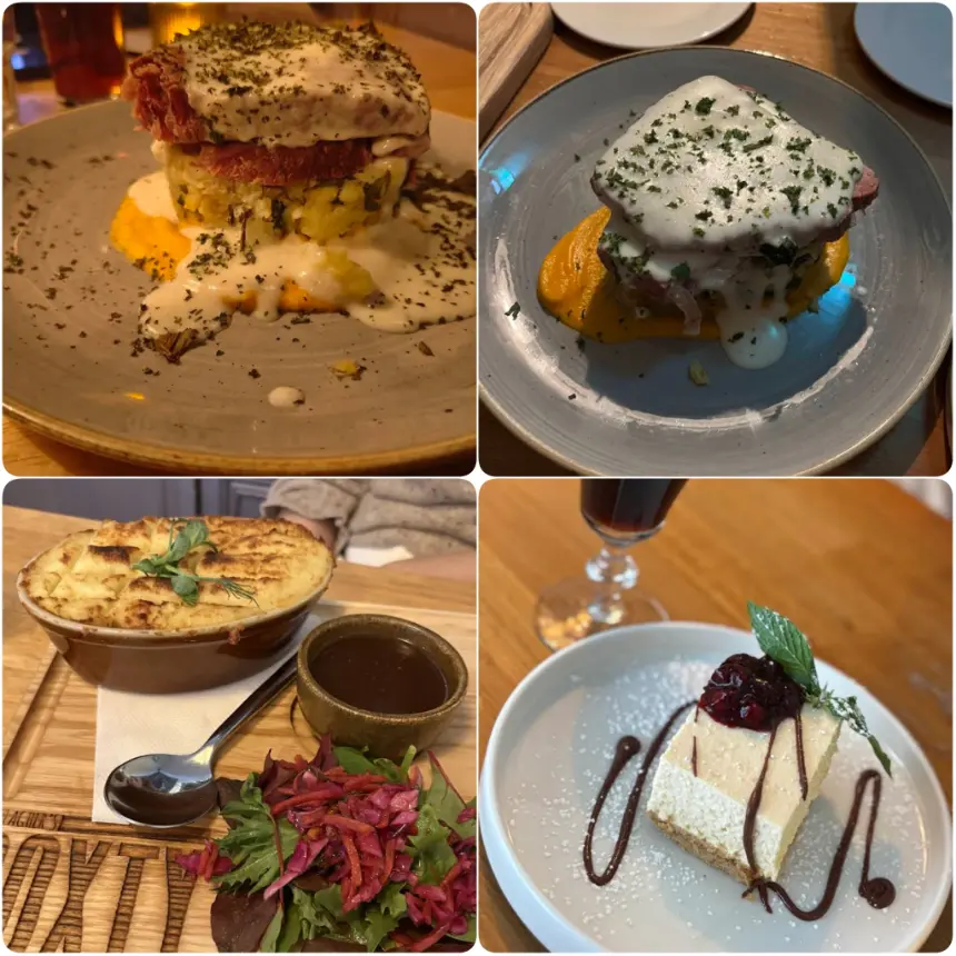 A series of photos depicting shepherd's pie and desserts of Gallagher’s Boxty House, Dublin. 