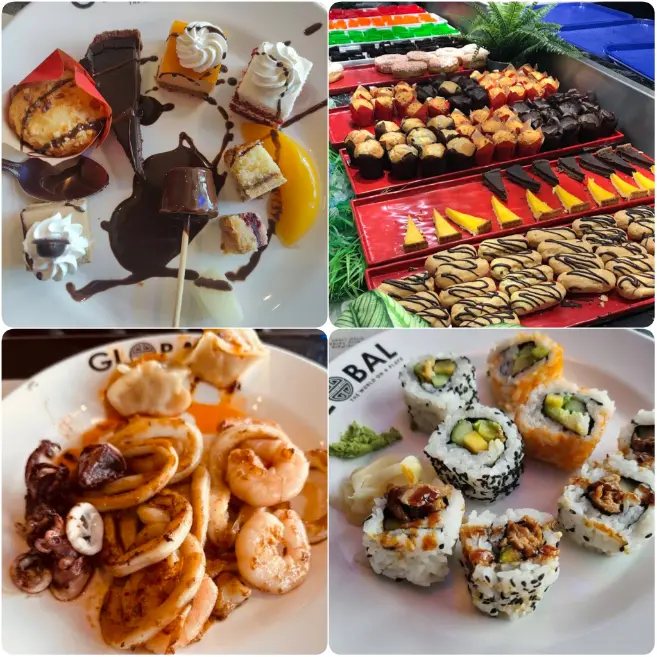 A mosaic of images of varied desserts, sushi, prawns of Global Cuisine – Buffet Party in Dundrum in Dublin. 