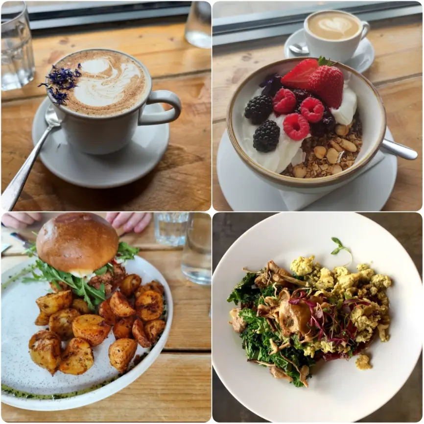 A collage image depicting coffee, granola bowl, fried sweet potato and scrambled tofu eggs of Groundstate Coffee.