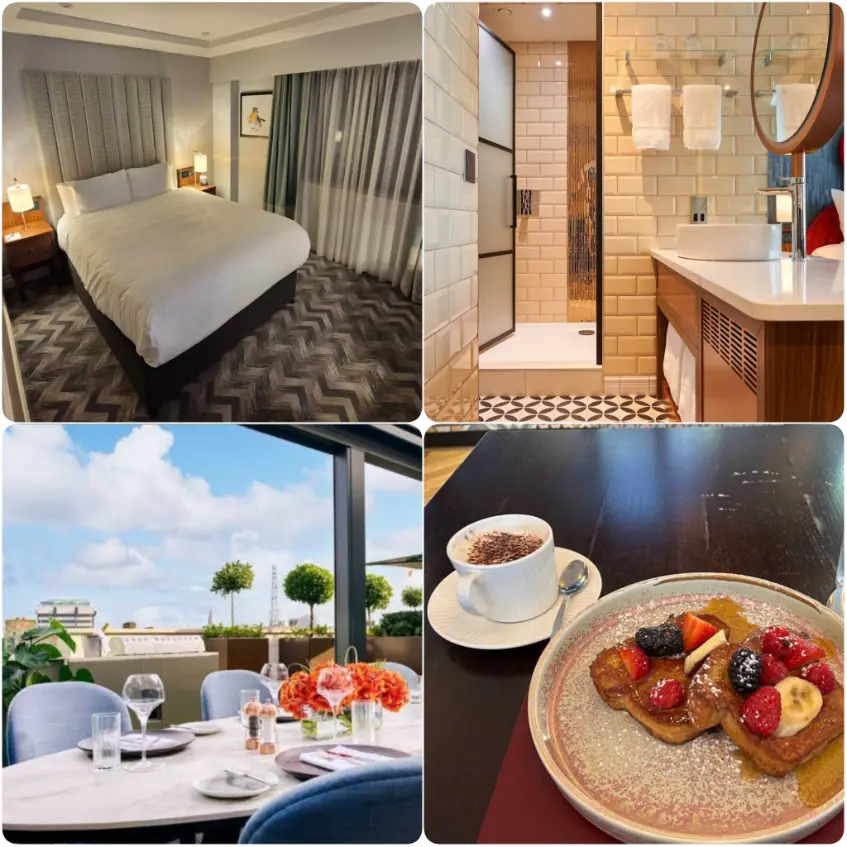 A collage image of standard king bedroom, bathroom, food and rooftop dining space of Hard Rock Hotel Dublin.