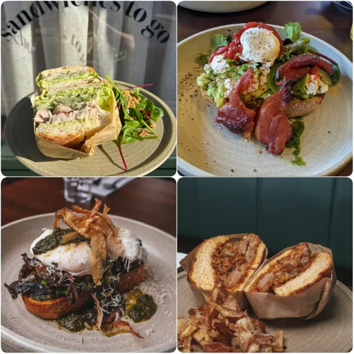 A compile image showing brunch with vegetable sandwiches, toasts and pancakes of Hello Vada, Dublin.
