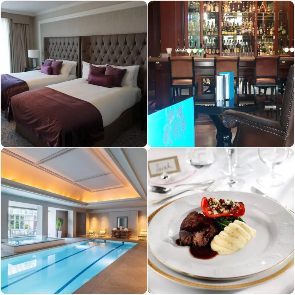 A compilation of images of bar, bed room, pool and food of InterContinental Dublin, an IHG Hotel.