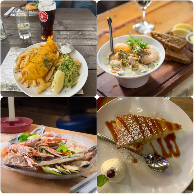 A photo collage of sizzling prawns, seafood chowder and Banoffee pie of Johnnie Fox’s Pub.