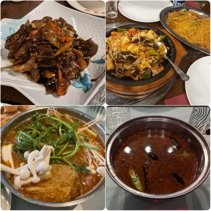 A combined image set of beef stew, noodles, and meat of Lao, Korean BBQ & Hotpot Adventure. 