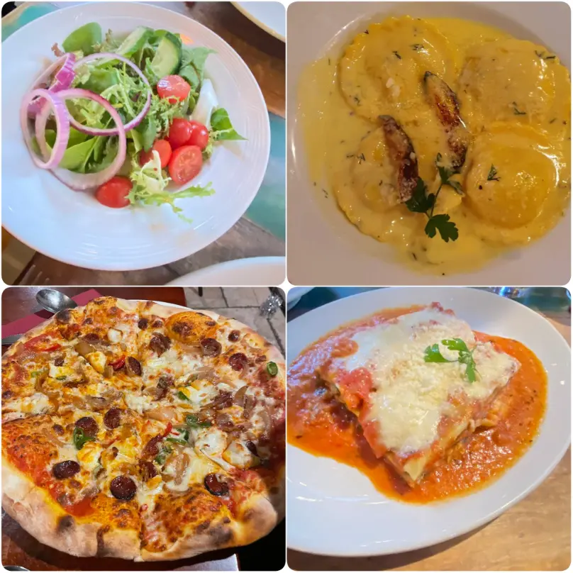 A visual compilation of Goat's cheese Antica Pizza, Crab ravioli and salads of Mario’s, Ranelagh in Dublin. 