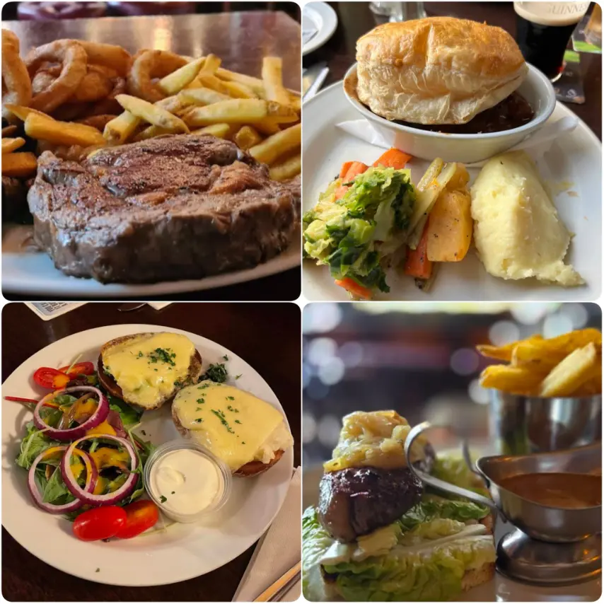 A compile image representing beef steak, pie with mashed potatoes and fries of Merchant’s Arch, Dublin. 