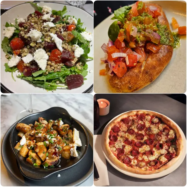 A collage image depicting the Padana pizza, vegan bowl and snacks of Milano in Dublin. 