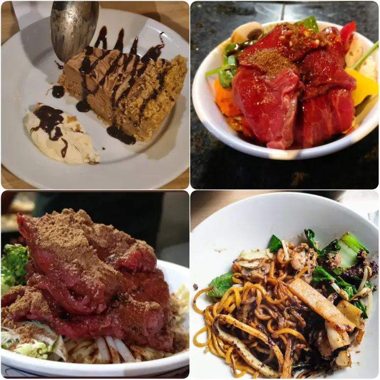 A image assortment of sizzled meat, noodles and desserts of Mongolian Barbecue – Stir-Fry Fun in Temple Bar in Dublin. 