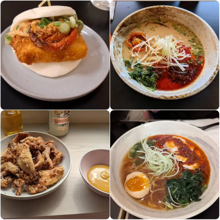 A series images of savory chashu pork, Mushroom Karaage and Gyoza of Nomo Ramen.