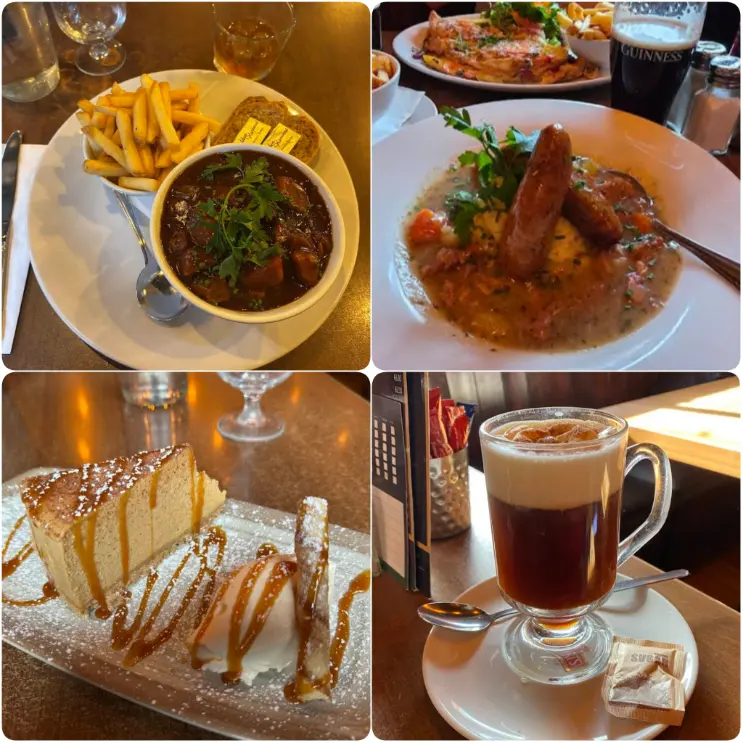 Guinness Stew, cottage pie and cheesecake of a best dinner places of Dublin, named Old Mill Restaurant.