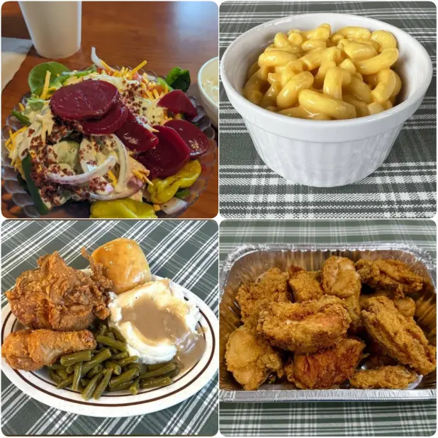 A multi photo graphic of mashed potato, mac and cheese and fried chicken of Ole Times Country Buffet, A Southern Surprise in Dublin, Georgia in Dublin. 