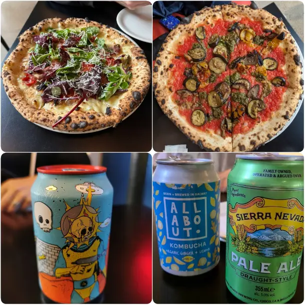 A montage of different pizzas and drinks of PI George's Street in Dublin. 