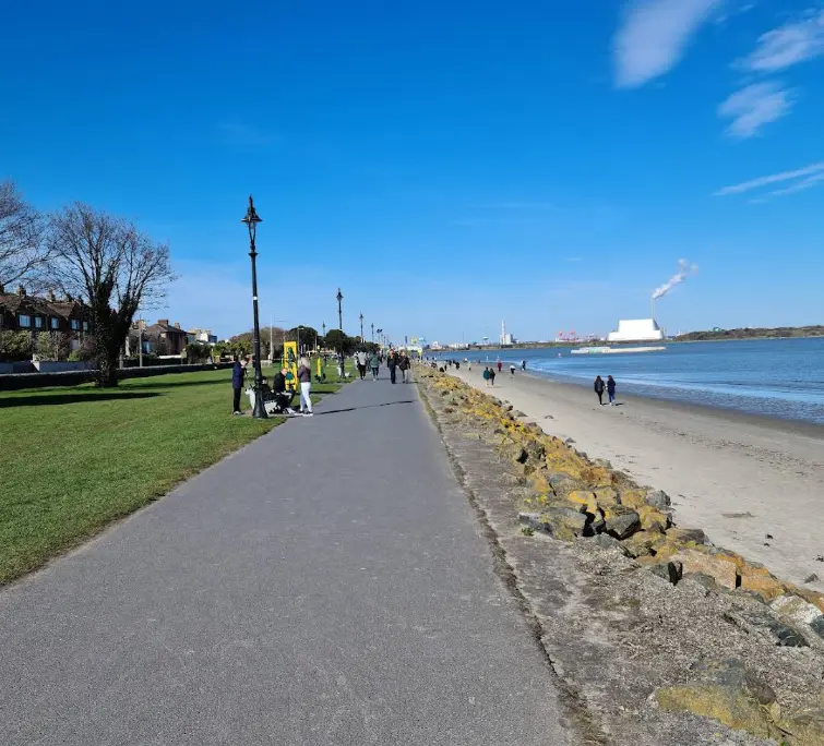 A visual representation of nearby streets and a part of shore of Sandymount Beach.