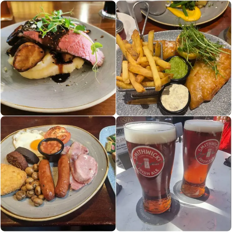 Compile Images of tender beef roast, fish and chips and Guinness of  Searsons. 