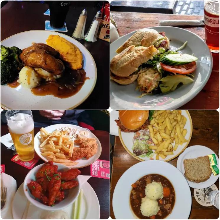 A visual representation of fries, pie and chicken snacks of The Brazen Head. 