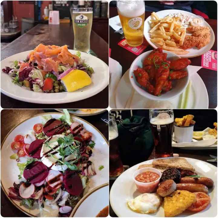 A series of photos depicting bacon and cabbage, fish, wings and Caesar salad of The Brazen Head in Dublin. 